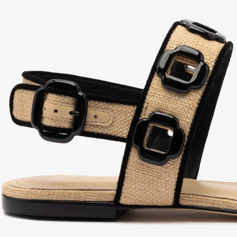 Larroude Milan Flat Sandal In Beige Raffia and Black Trimming - Picture 5 of 11
